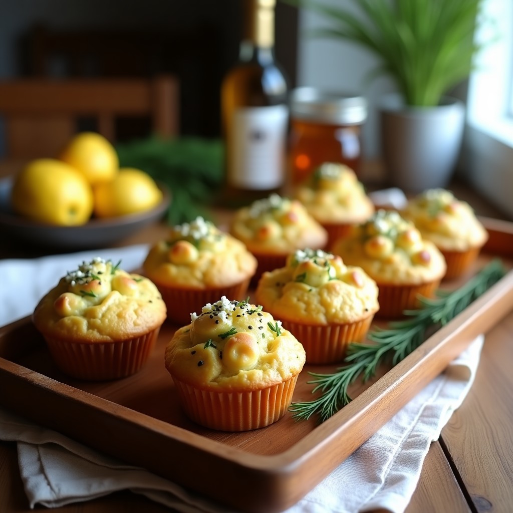 Muffins dorados de calabacín y queso feta con semillas de amapola sobre una tabla de madera rústica, servidos con perejil fresco y un bol de yogur griego al fondo.