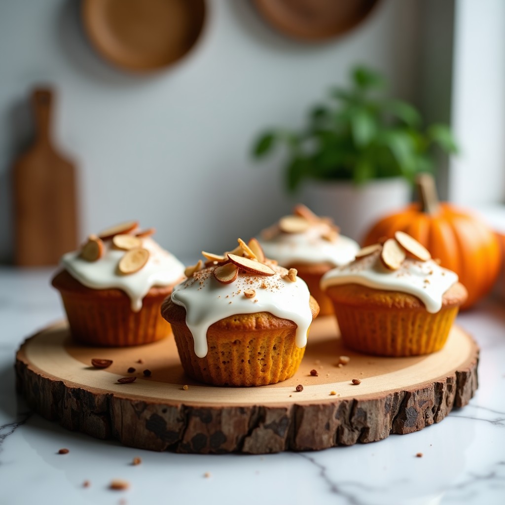 Muffins esponjosos de calabaza y semillas de chía con cobertura cremosa de yogur griego, decorados con almendras fileteadas y un toque de canela, servidos en una bandeja rústica de madera sobre un fondo claro.