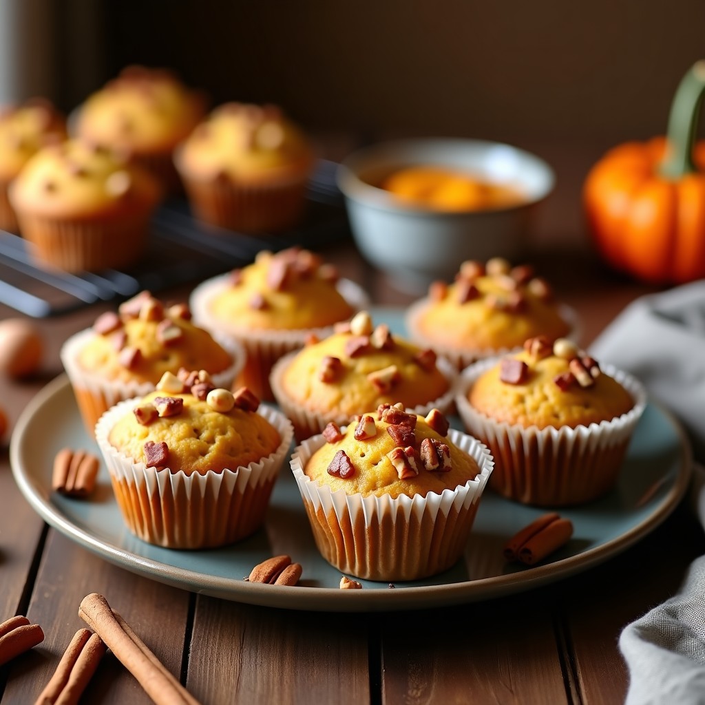 Muffins dorados de calabaza y especias keto sin harina, esponjosos y humeantes, servidos en cápsulas de papel sobre una rejilla de enfriado de metal, con nueces pecanas picadas en la superficie y un fondo rústico de madera con especias esparcidas.