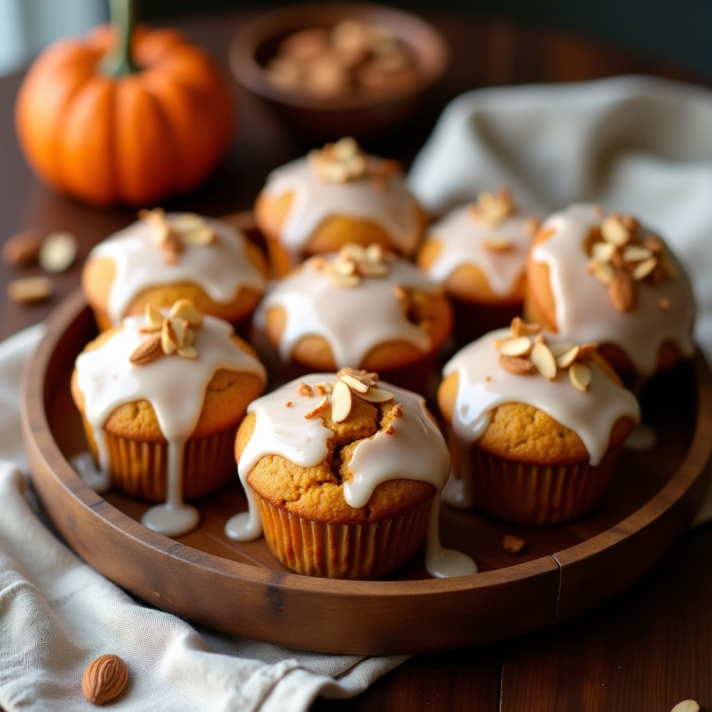 Muffins keto esponjosos de calabaza y harina de almendra con glaçé de stevia, dispuestos en una bandeja de madera rústica con fondo borroso de cocina. Los muffins tienen un color dorado uniforme y el glaçé blanco brilla bajo la luz, decorados con virutas de almendra tostada.