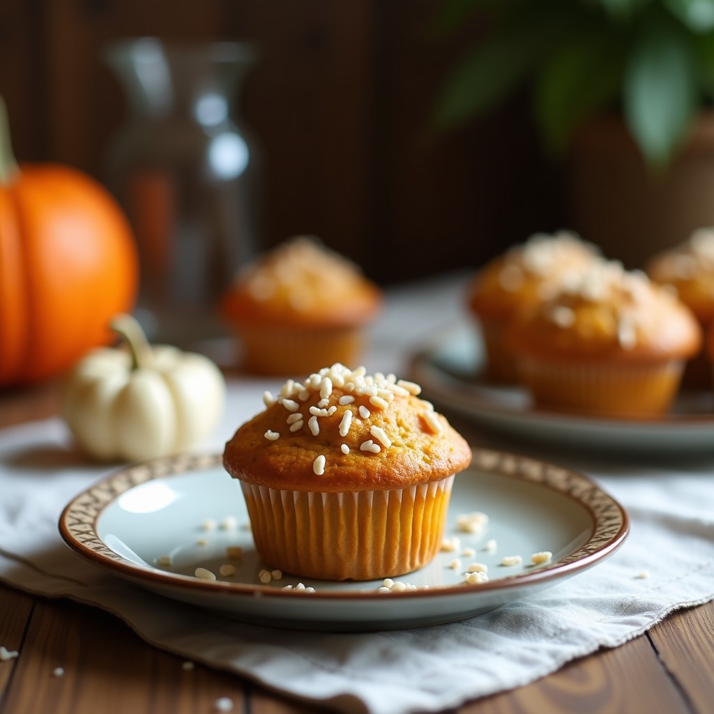 Muffins dorados de calabaza y harina de coco veganos, esponjosos y con coco rallado por encima, servidos en un plato rústico con un fondo de cocina cálido.