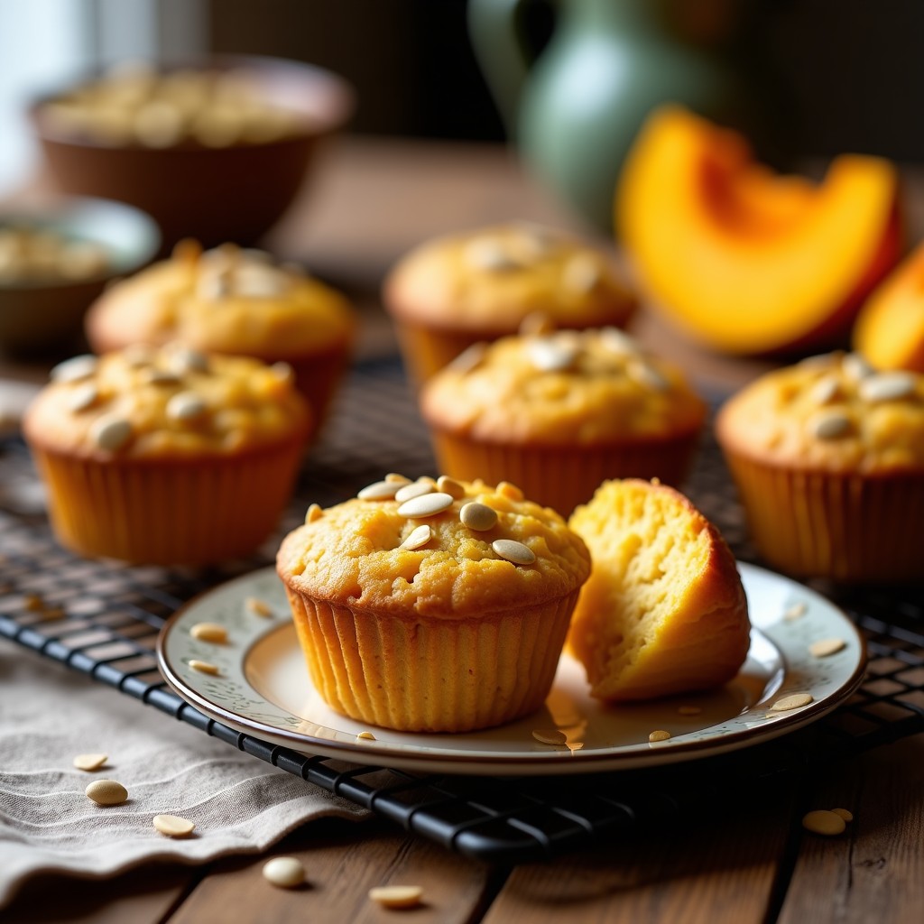 Muffins dorados de calabaza kabocha y queso de almendras sobre una rejilla de enfriado, con semillas de calabaza y trozos de queso de almendras visibles en la superficie. Receta keto sin harina, perfecta para desayunos saludables.