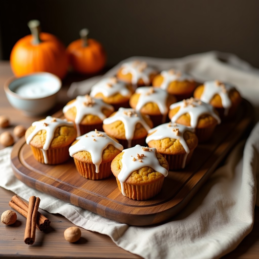Muffins dorados de calabaza y nuez moscada con glaseado de eritritol brillante, dispuestos en una bandeja de madera rústica, postre keto sin harina.