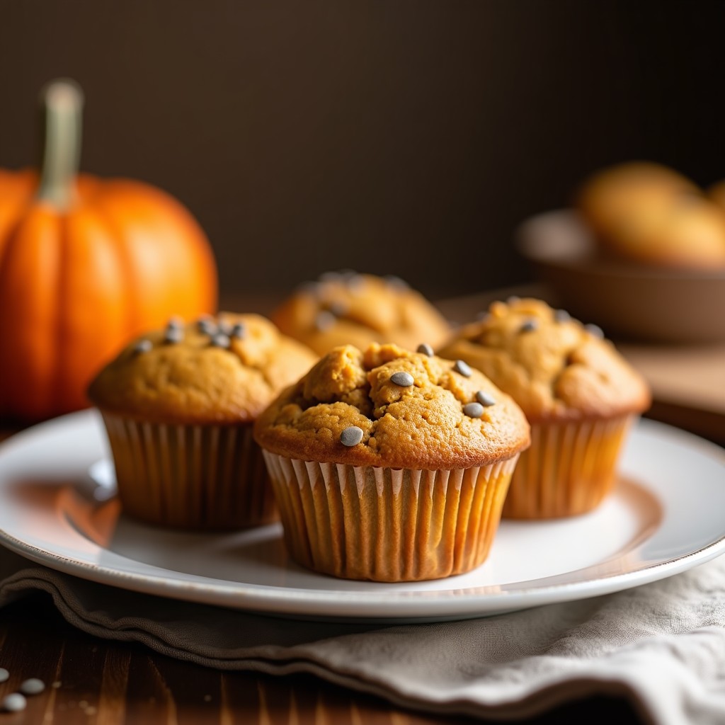 Muffins dorados de calabaza y semillas de cáñamo sobre una rejilla de enfriamiento, con textura esponjosa y semillas tostadas visibles en la superficie, desayuno vegano alto en omega-3.
