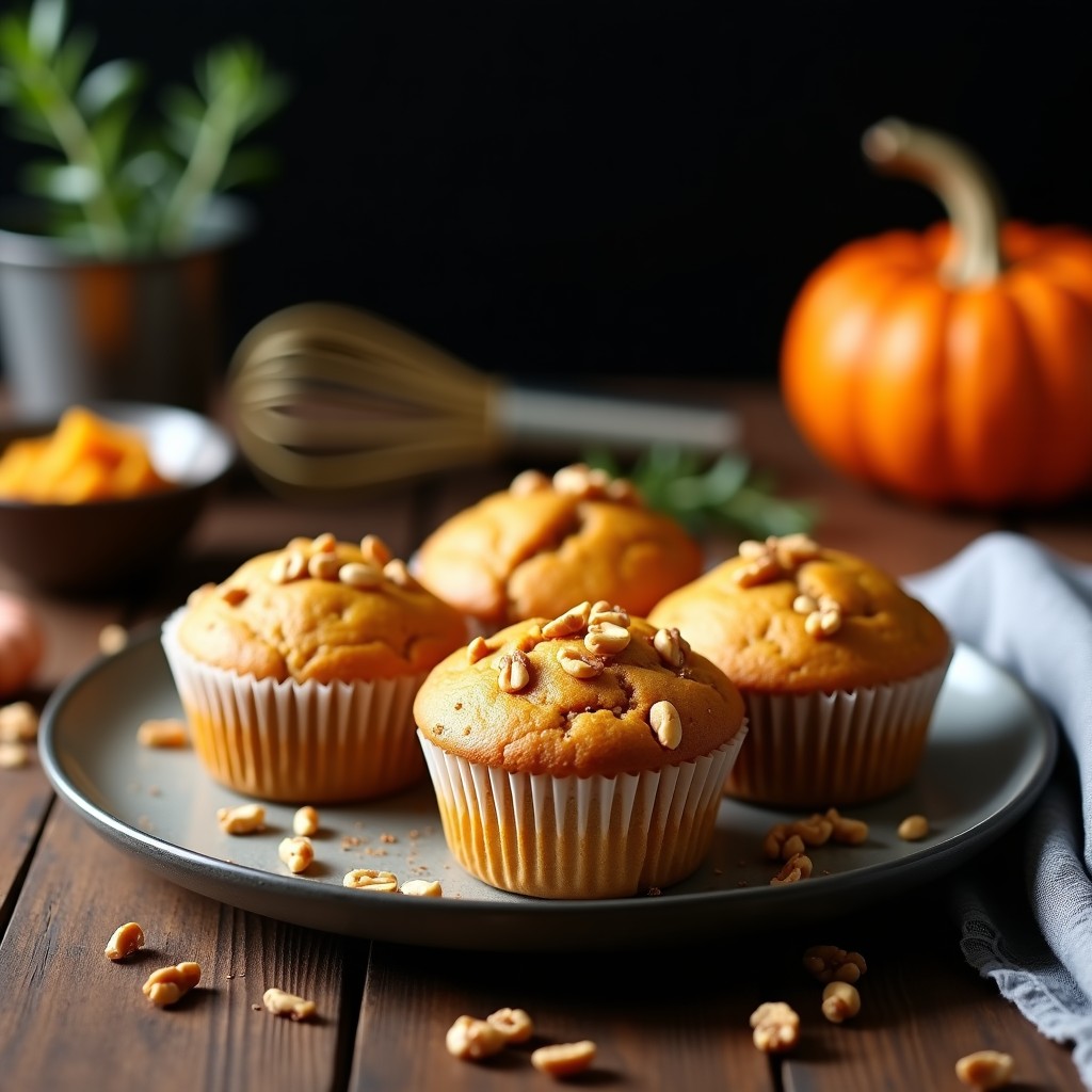Muffins dorados de calabaza y semillas de calabaza con toque de canela, esponjosos y con trocitos de nueces, servidos en cápsulas de papel sobre una tabla de madera rústica. Receta keto perfecta para desayuno.