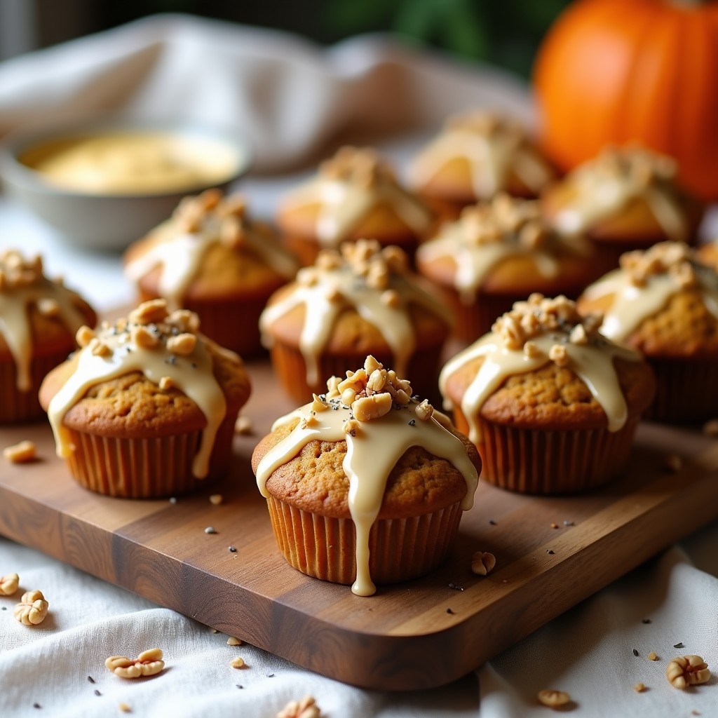 Muffins dorados de calabaza y semillas de chía con glaseado de vainilla cremoso, servidos en una bandeja de madera rústica con semillas de chía y nueces picadas como decoración. Receta vegana y sin azúcar.