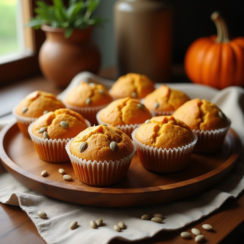 Muffins dorados de calabaza y semillas de girasol en molde de papel, con textura esponjosa y semillas tostadas visibles en la superficie, servidos en una bandeja de madera rústica con fondo de cocina acogedora.