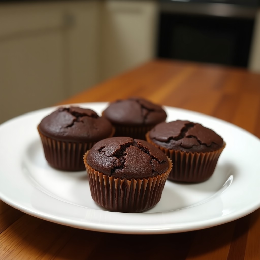 Muffins de chocolate y aceite de oliva sin harina refinada, servidos en una bandeja de madera con virutas de chocolate negro y nueces picadas, desayuno mediterráneo saludable.