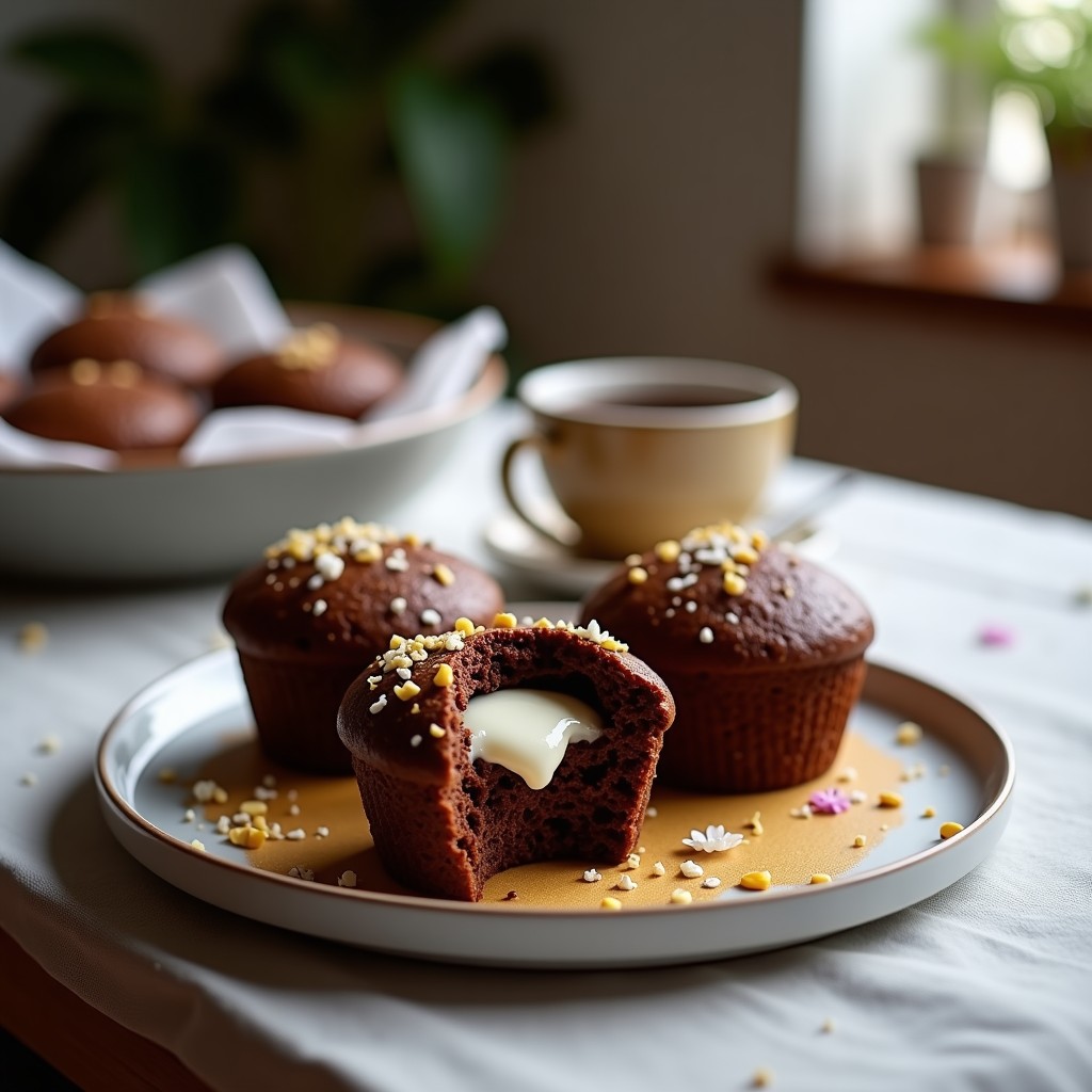 Muffins keto de chocolate y almendra con corazón de crema de avellanas, servidos en una bandeja de madera con almendras fileteadas y virutas de chocolate negro, postre sin harina y sin azúcar.