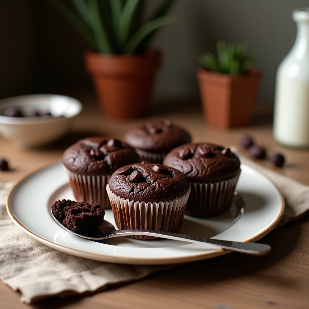 Muffins veganos de chocolate y alubias negras recién horneados, con textura esponjosa y chips de chocolate derretido en la superficie, servidos en capacillos de papel sobre una tabla de madera oscura.