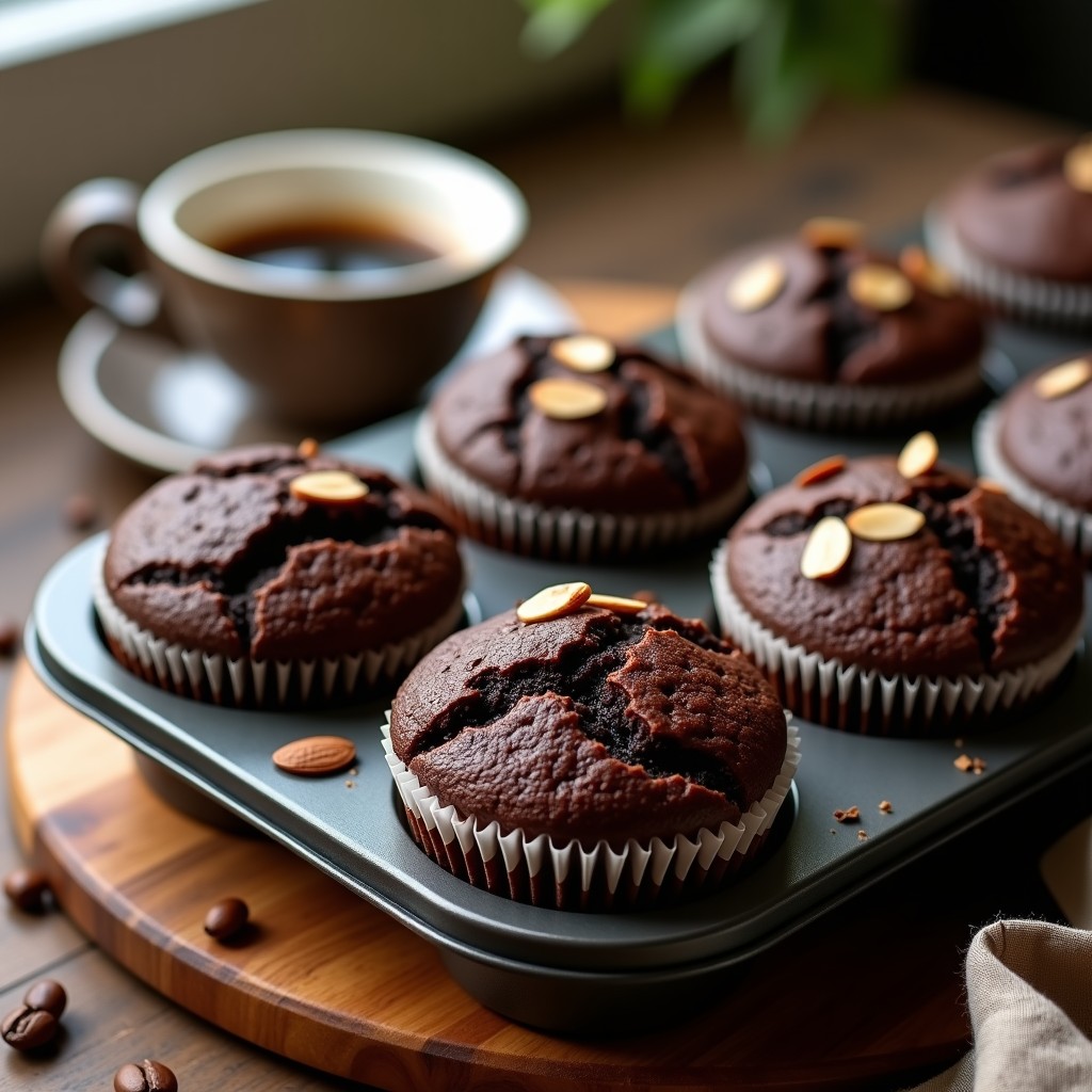Muffins keto de chocolate y café recién horneados, con textura húmeda y trozos de chocolate negro 85% visibles, servidos en capacillos de papel sobre una bandeja de madera rústica, con granos de café y nueces picadas alrededor.
