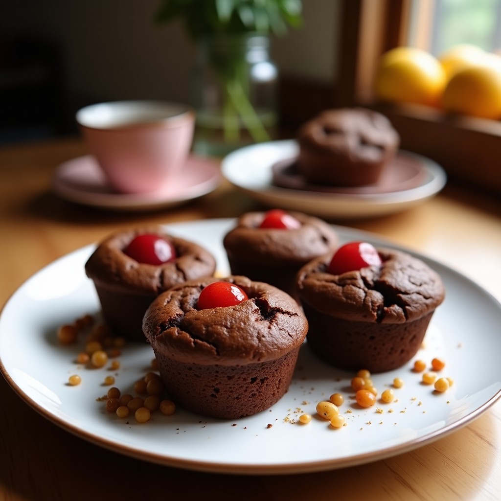 Muffins veganos de chocolate con harina de garbanzo, dorados y esponjosos, con corazón visible de mermelada de frambuesa roja brillante. Servidos en capacillos de papel sobre una rejilla de metal, con virutas de chocolate negro y cacao en polvo espolvoreado.