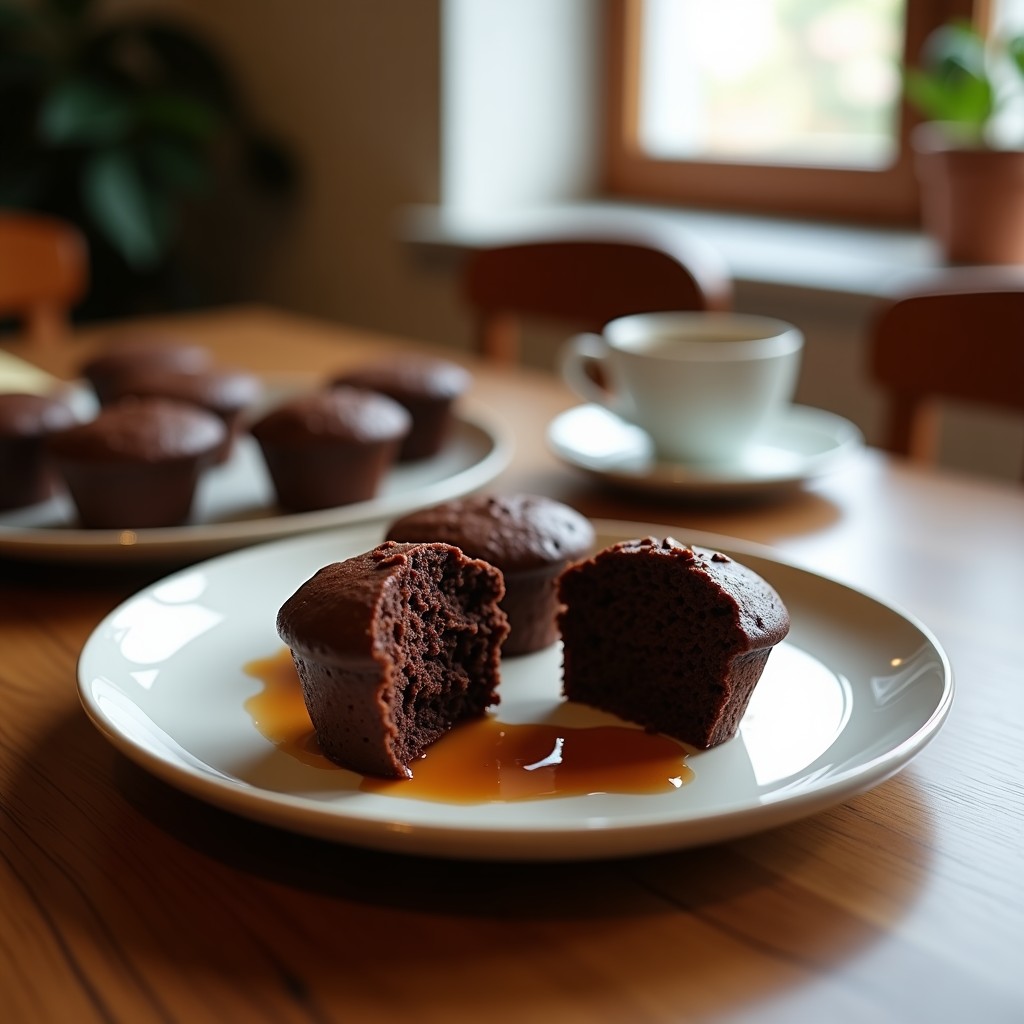 Muffins esponjosos de chocolate negro con trozos brillantes y nueces picadas en la superficie, servidos en cápsulas de papel sobre una tabla de madera. Receta de desayuno vegano alto en proteína con puré de lentejas.