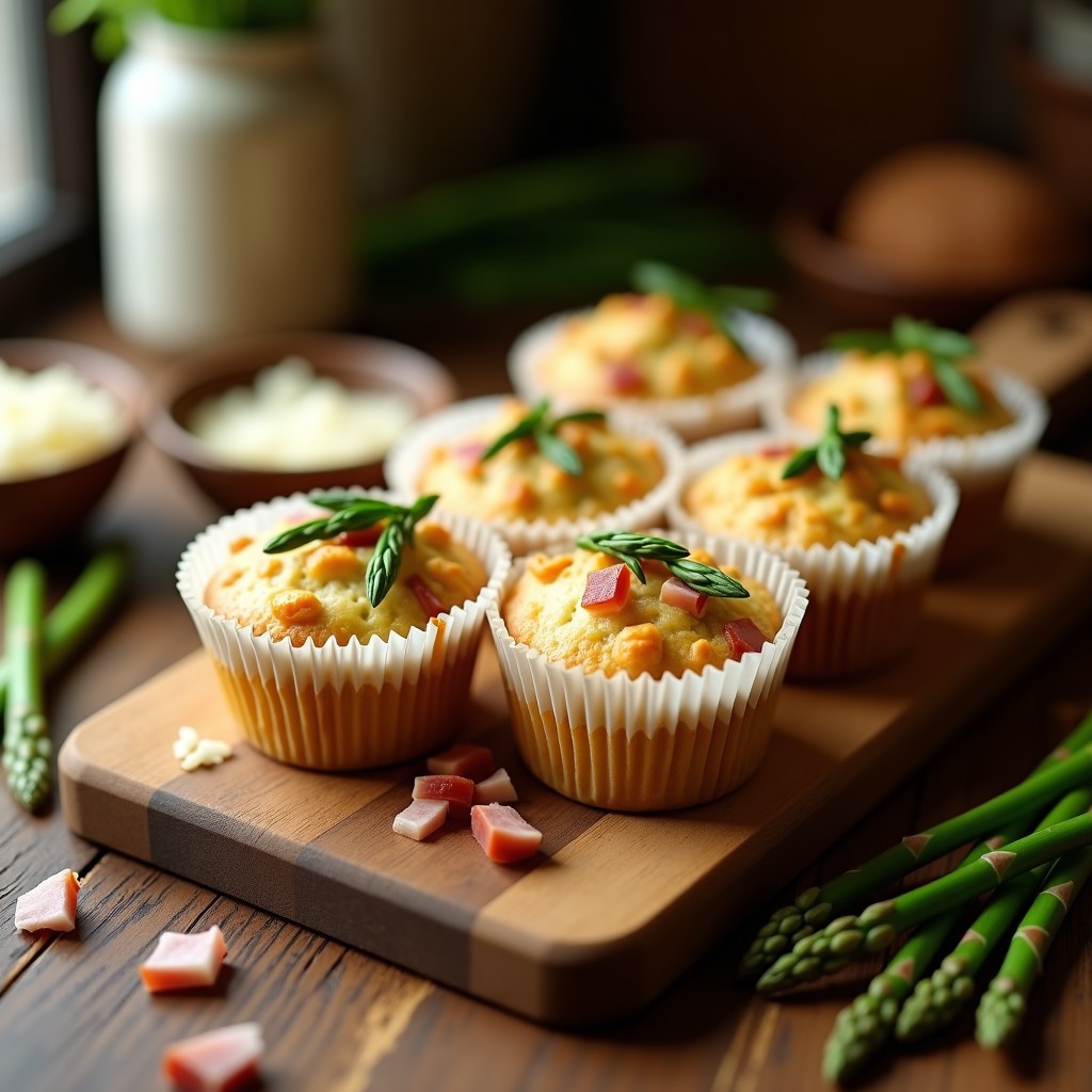Muffins salados dorados de espárragos y jamón york sin gluten, servidos en una fuente de madera con espárragos frescos y jamón york al lado, receta rápida para desayunar.