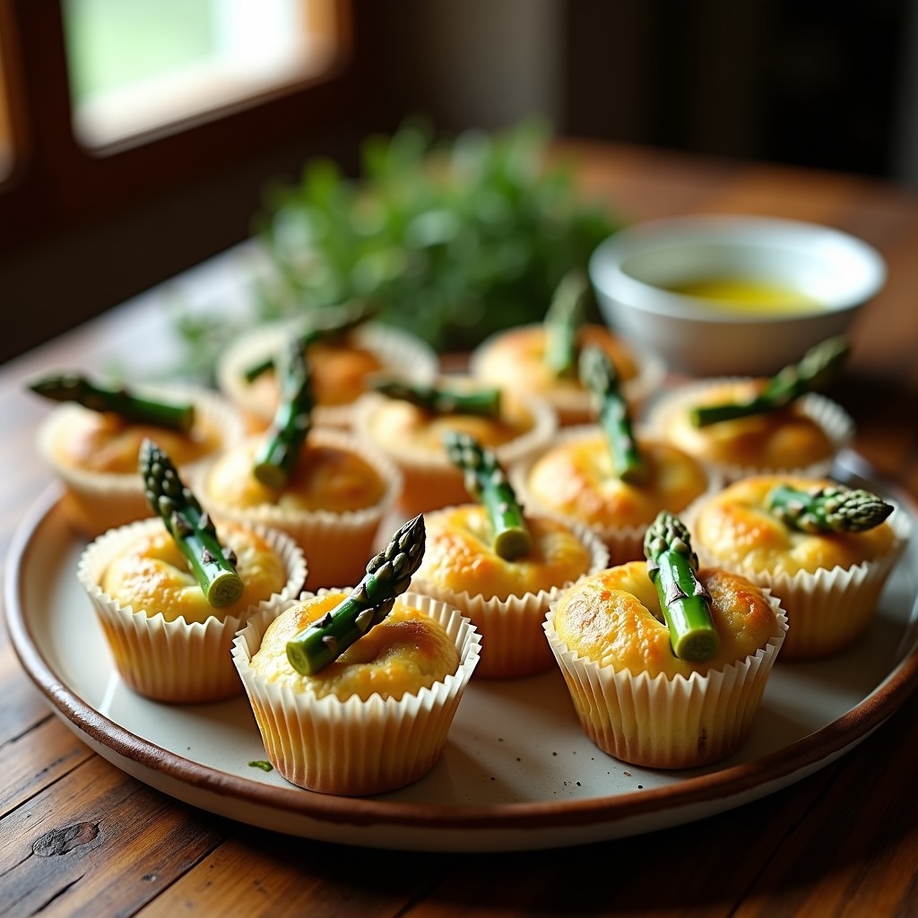 Muffins salados dorados de espárragos y queso de oveja griegos, con almendras fileteadas en la superficie, servidos en molde de papel sobre tabla de madera rústica, acompañados de aceitunas Kalamata y hierbas frescas.