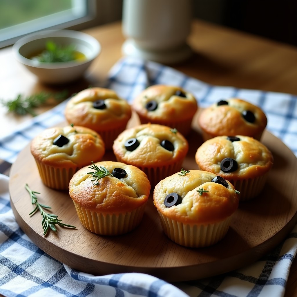 Muffins salados de espelta dorados con trozos de olivas negras y hierbas provenzales, dispuestos en una fuente de madera rústica con un paño de lino a cuadros. Receta sin lactosa.