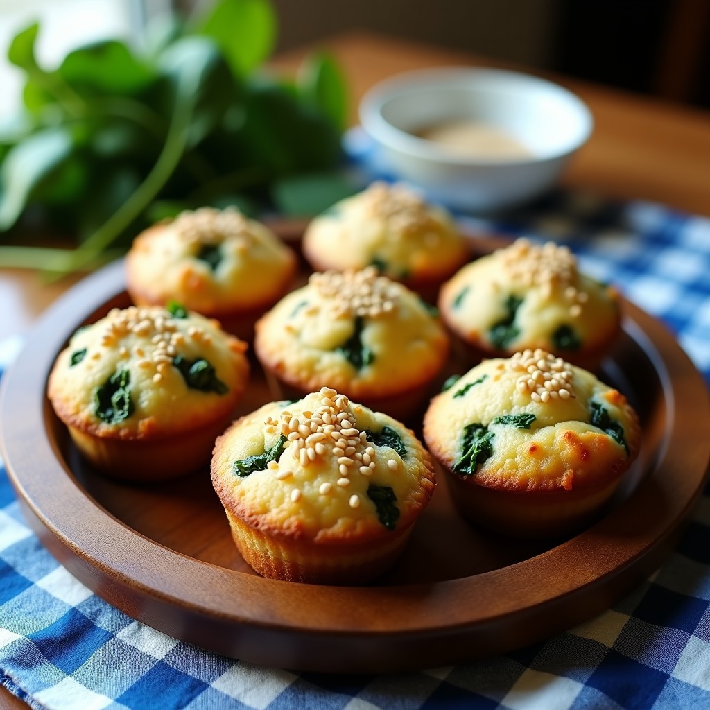 Muffins dorados de espinaca y feta con semillas de sésamo tostadas en la superficie, servidos en una bandeja de madera con aceitunas kalamata y tomates cherry al lado. Desayuno griego sin harina, saludable y keto.