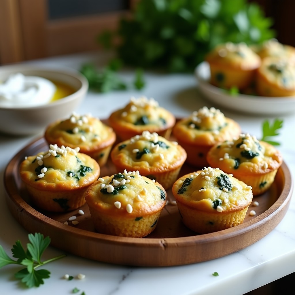 Muffins dorados de espinaca y feta en Thermomix sin harina, con semillas de sésamo por encima, servidos en bandeja de madera con hierbas frescas. Receta alta en hierro y proteína, ideal para aperitivos saludables.
