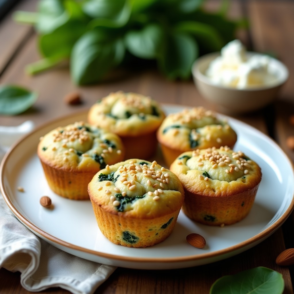 Muffins dorados de espinaca y queso de almendras keto, con topping de nueces picadas y semillas de sésamo, servidos en un plato blanco sobre una mesa de madera rústica.
