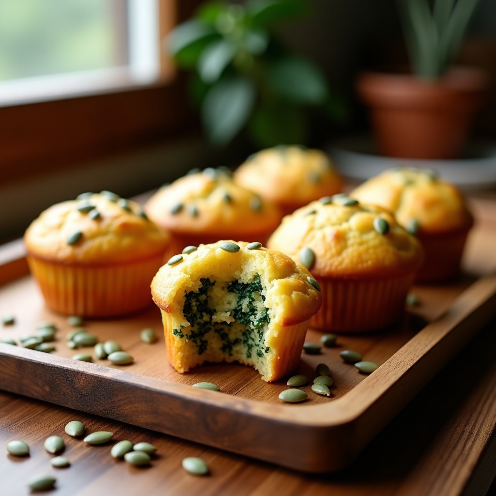 Muffins dorados de espinaca y queso de anacardos con semillas de girasol esparcidas por encima, servidos en una bandeja de madera rústica. Receta de desayuno keto sin harina, con textura esponjosa y crujiente.