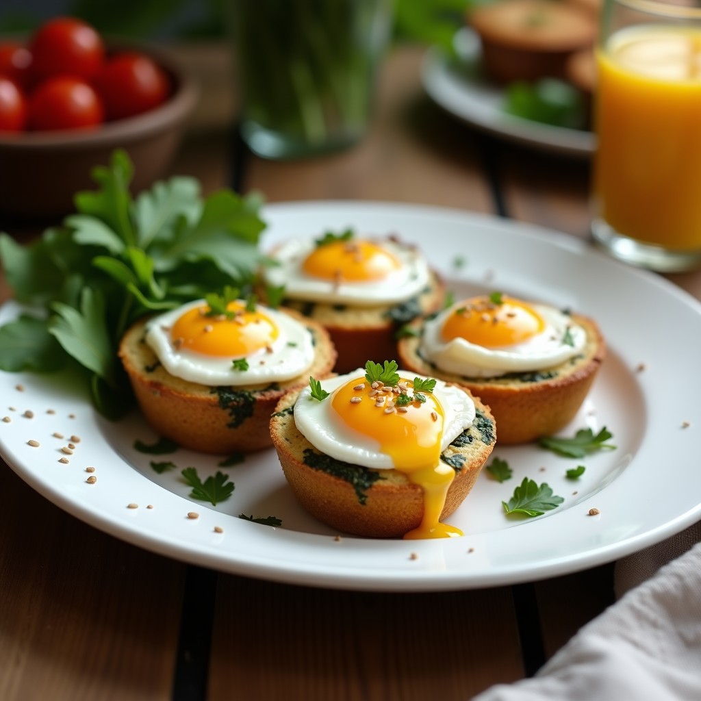 Muffins dorados de espinaca y queso de castañas servidos en una bandeja de madera con huevos pochados encima, espolvoreados con semillas de sésamo negro. Receta keto y sin lácteos para desayuno.