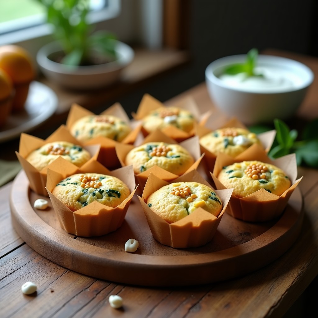 Muffins dorados de espinaca y queso feta con masa de garbanzo, servidos en molde de papel sobre tabla de madera rústica, con semillas de sésamo tostadas y trocitos de queso feta visibles en la superficie.
