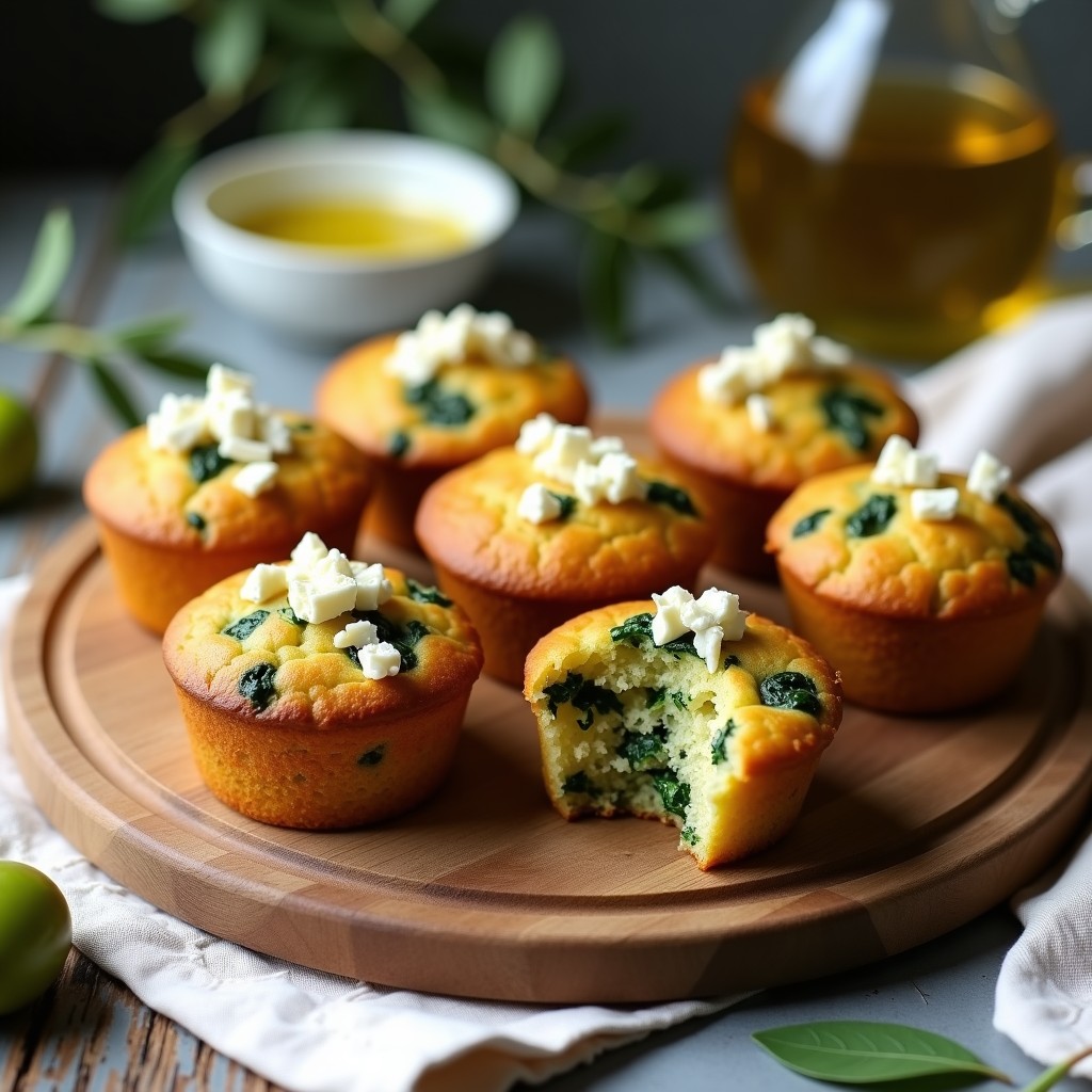Muffins salados de espinaca y queso feta vegano en Thermomix, dorados por fuera y esponjosos por dentro, con trocitos de queso feta vegano visible. Servidos en un plato de madera rústico con un fondo de cocina mediterránea.