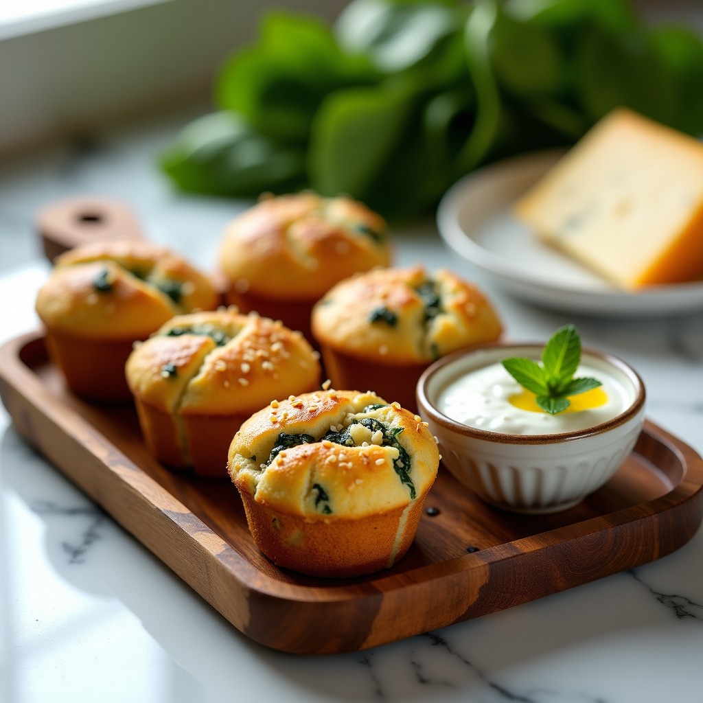 Muffins dorados de espinaca y queso de oveja griegos, esponjosos y con semillas de sésamo en la superficie, servidos en una bandeja de madera rústica con hierbas frescas y aceite de oliva al lado.