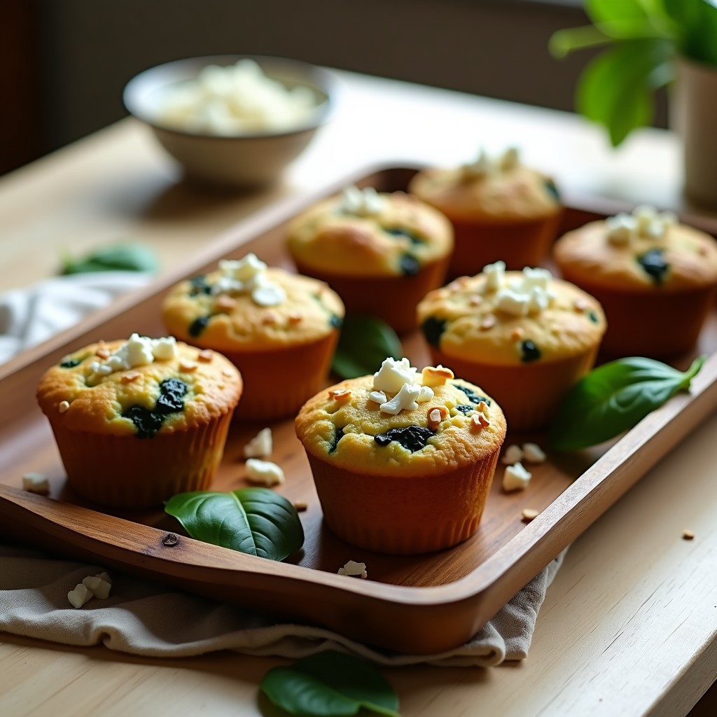 Muffins dorados de espinacas y queso feta en cápsulas de papel, con semillas de sésamo tostadas en la superficie. Receta keto para tupper con harina de almendras, servidos sobre una tabla de madera rústica con hierbas frescas de fondo.