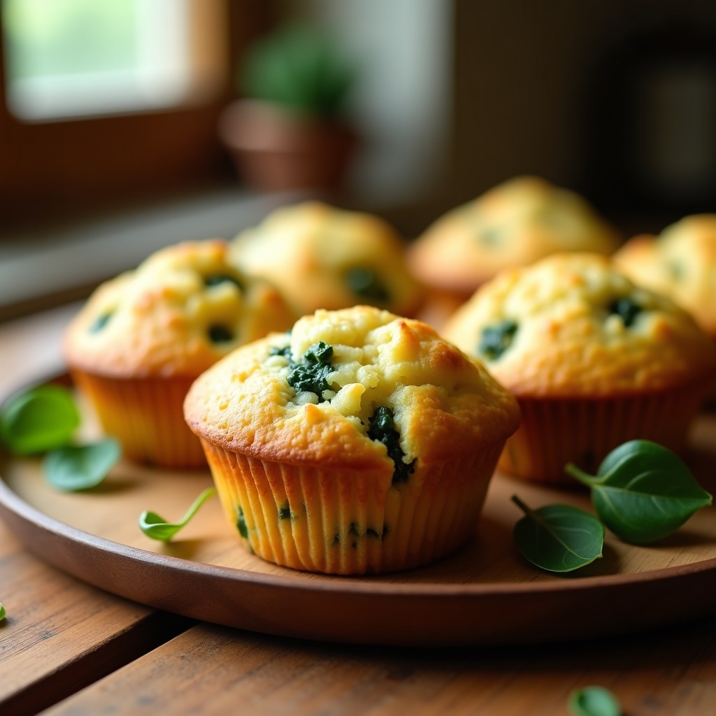 Muffins dorados de espinacas y queso de almendras, textura esponjosa y humeantes, servidos en bandeja de madera con hojas de espinaca fresca alrededor. Desayuno sin harina alto en hierro.