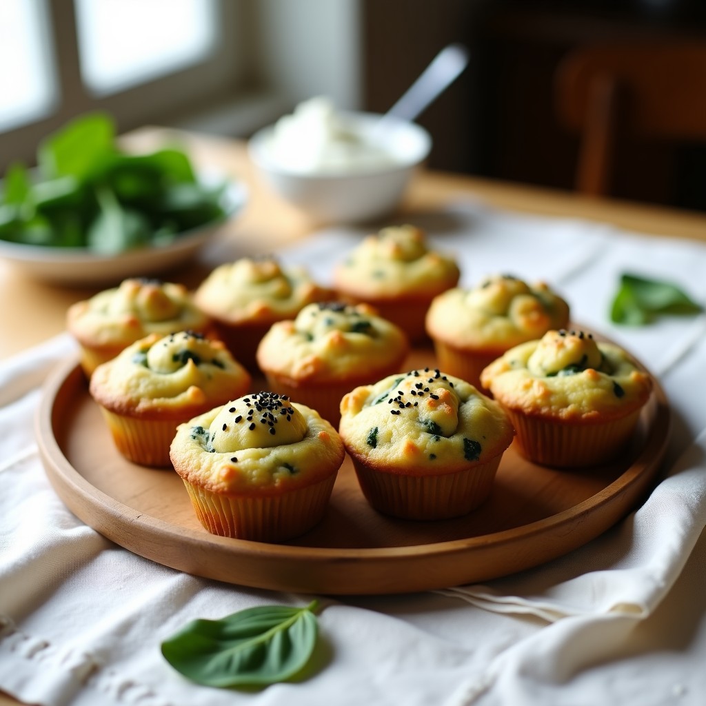 Vista superior de muffins dorados de espinacas y queso de almendras keto en molde de silicona, con semillas de sésamo tostadas por encima, sobre una tabla de madera rústica con hojas de espinaca fresca al lado.