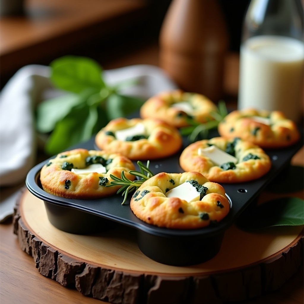 Muffins dorados de espinacas y queso de cabra en molde de silicona, con textura esponjosa y trozos verdes de espinaca visibles, servidos en una tabla de madera con hierbas frescas al lado.