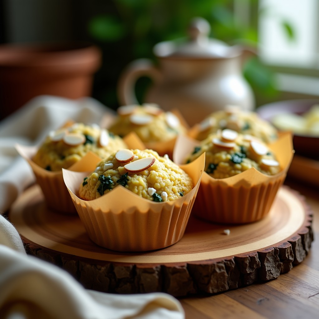 Muffins dorados de espinacas y queso de cabra con base de garbanzo, sin harina, en molde metálico con semillas de sésamo espolvoreadas, sobre fondo de madera rústica.