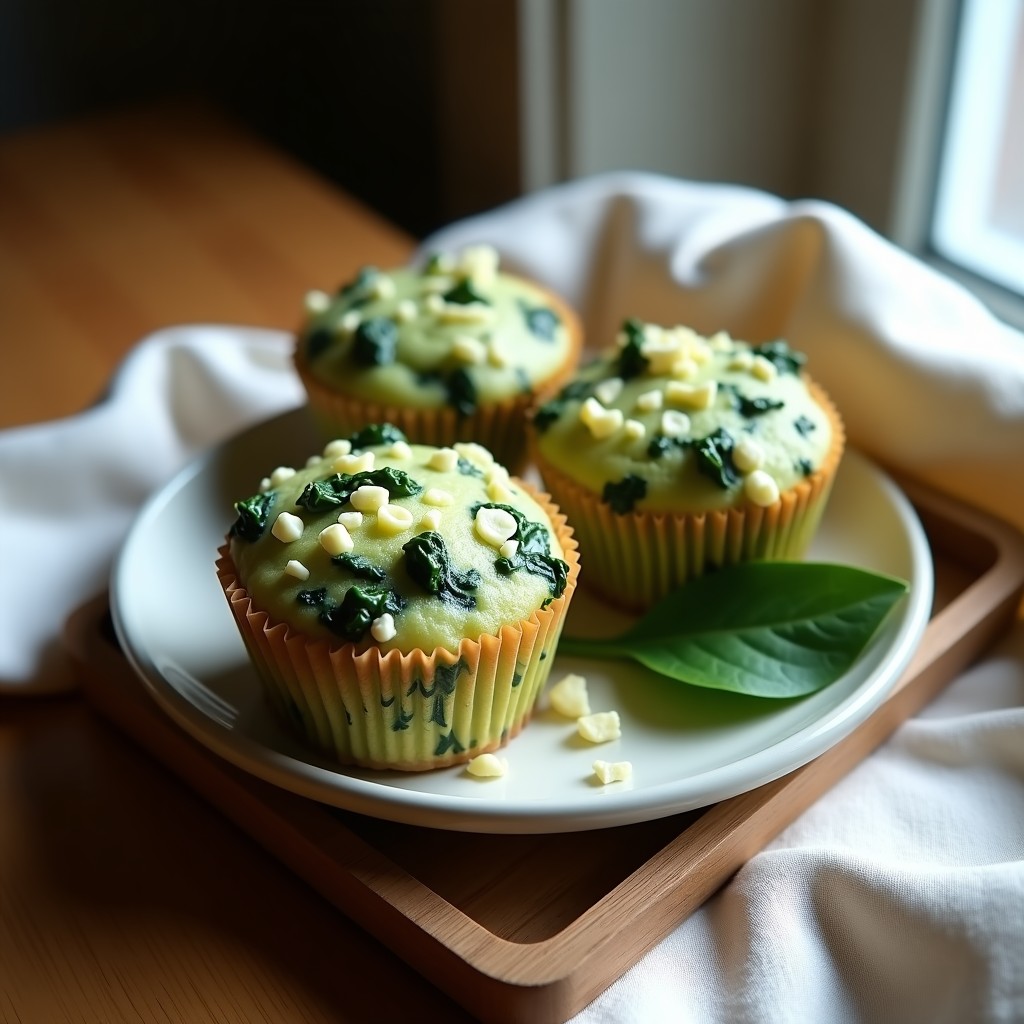 Muffins dorados de espinacas y queso de cabra sobre una bandeja de madera, con almendras fileteadas en la parte superior y un fondo de cocina rústica. Receta sin gluten y alta en fibra.
