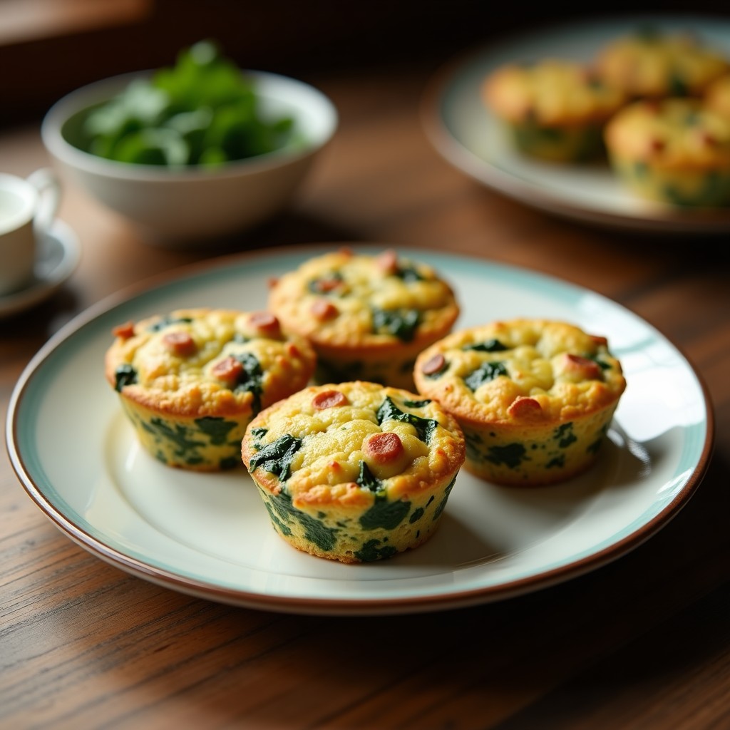 Muffins dorados de espinacas y queso de cabra sin harina, servidos en una bandeja de madera con hierbas frescas. Receta alta en proteína y sin gluten.