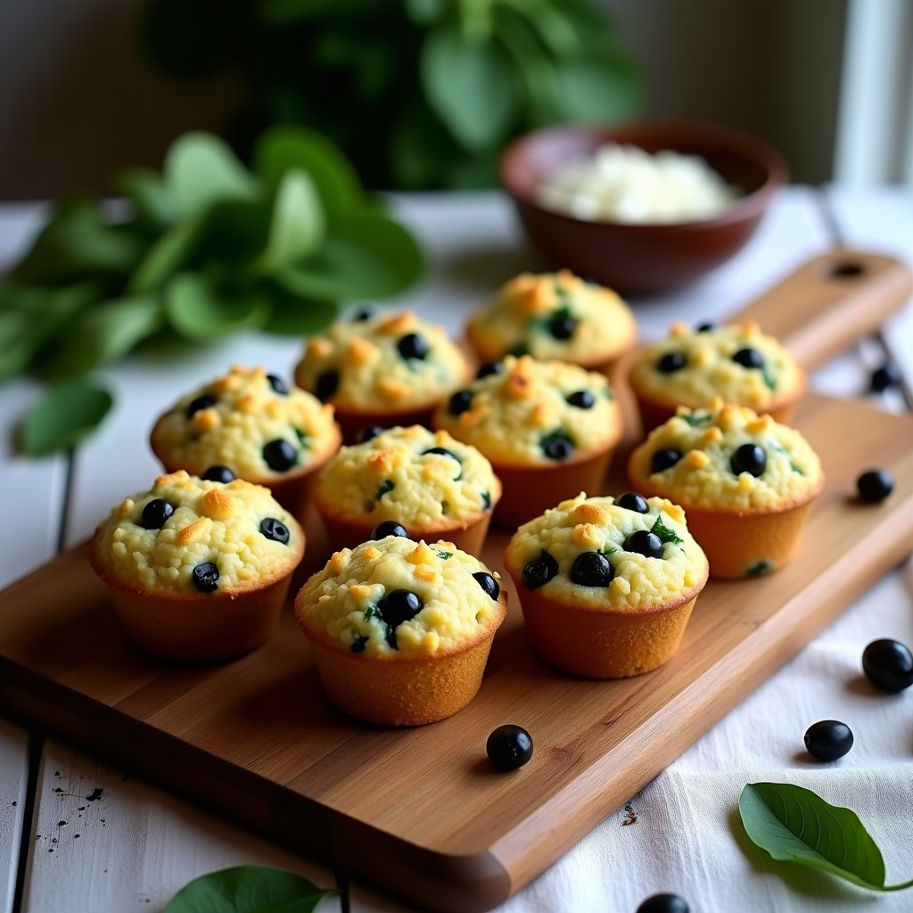 Muffins dorados de espinacas, queso feta y aceitunas kalamata sin gluten, horneados en molde de silicona, con almendras fileteadas por encima. Receta para tupper, presentación en bandeja de madera rústica.