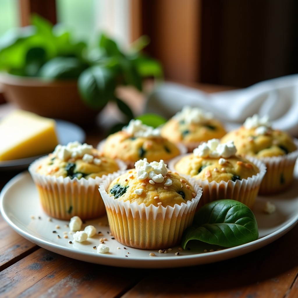 Muffins dorados de espinacas y queso feta keto en molde de papel, con semillas de sésamo y trozos de feta visibles, sobre tabla de madera rústica con espinacas frescas de fondo.