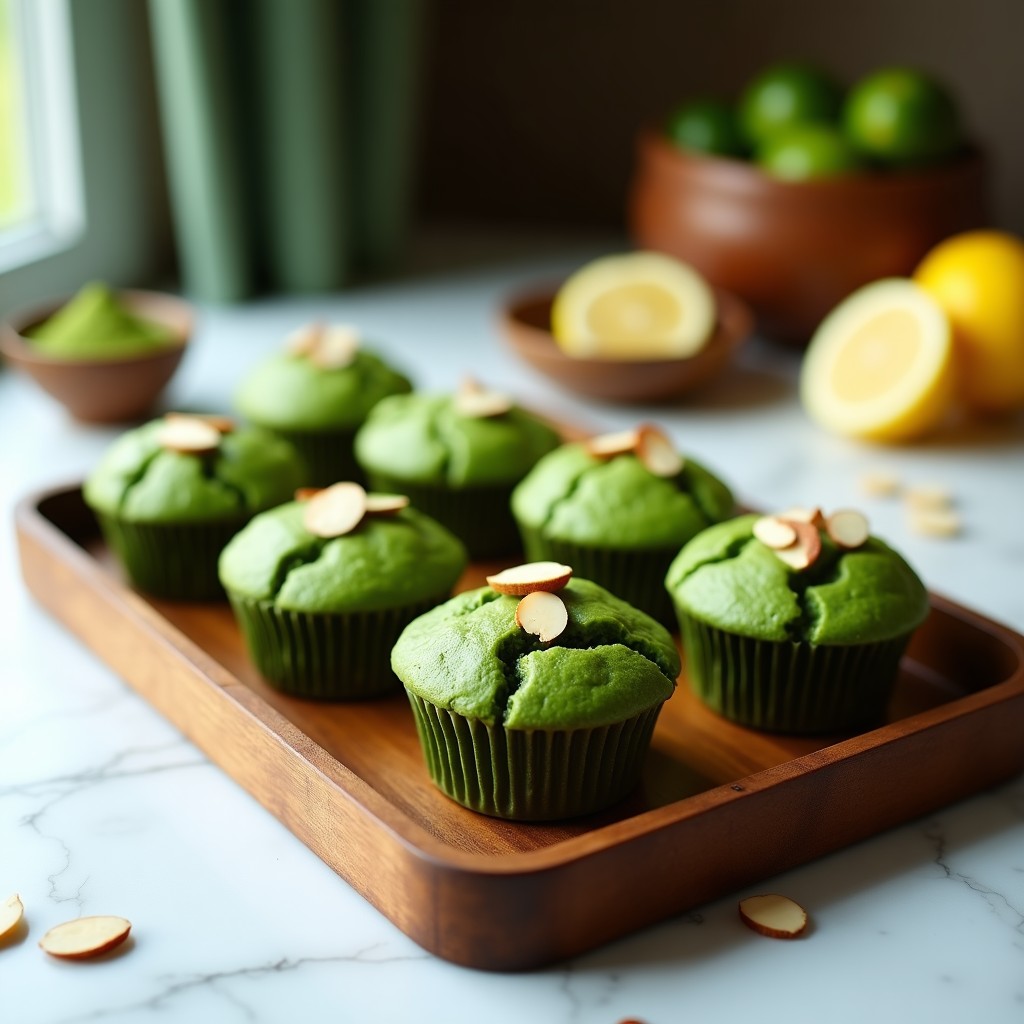 Muffins verdes esponjosos de espirulina y limón sobre una rejilla de enfriado de metal, con ralladura de limón espolvoreada y fondo de cocina minimalista.