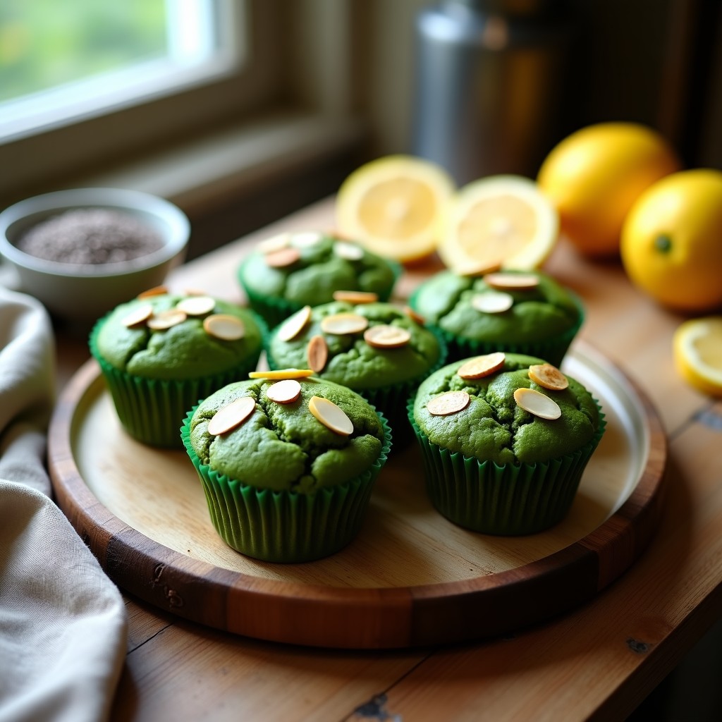 Muffins verdes esponjosos de espirulina y limón sin azúcar, decorados con almendras fileteadas, sobre una rejilla de enfriado con rodajas de limón al lado. Desayuno detox y energético en un estilo rústico y saludable.