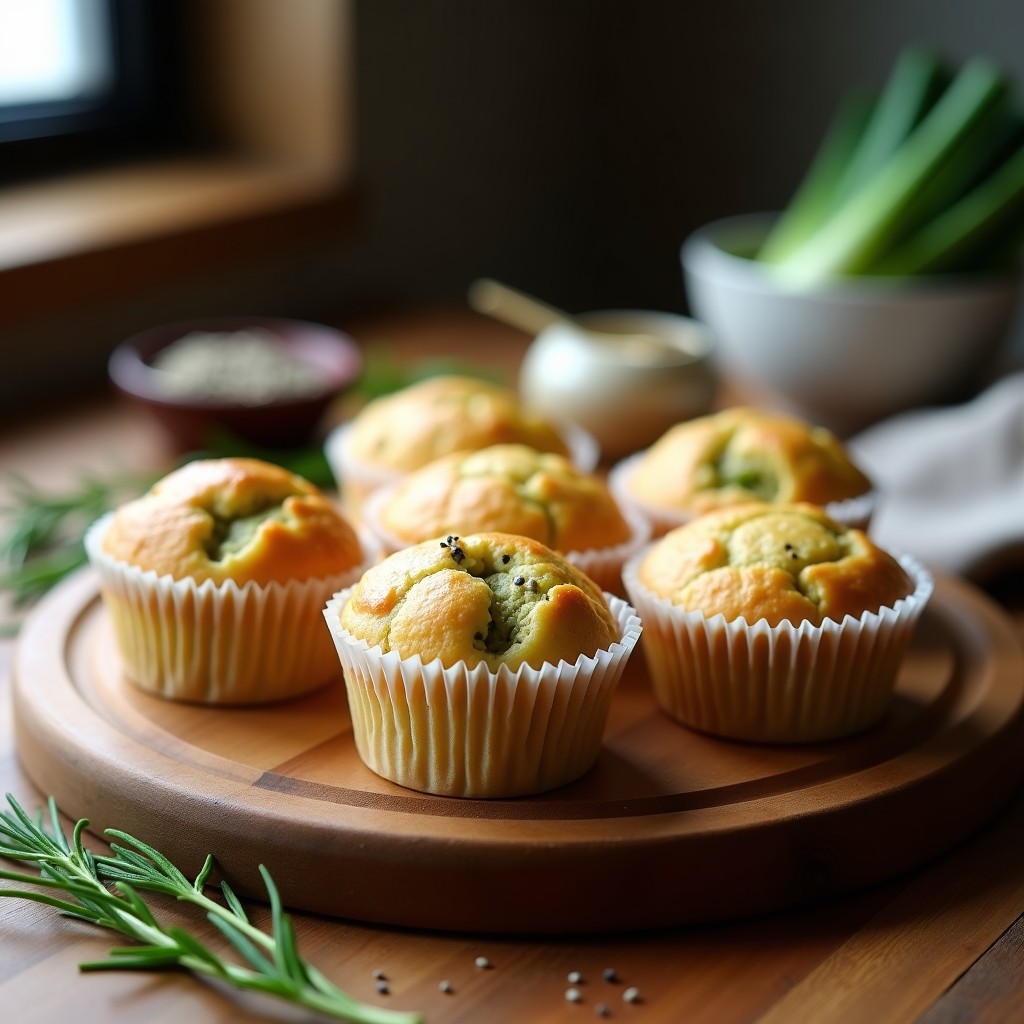 Muffins salados dorados de harina de guisante y puerro con semillas de amapola, dispuestos en una bandeja de madera rústica, receta keto en Thermomix, alta en proteína y sin gluten.