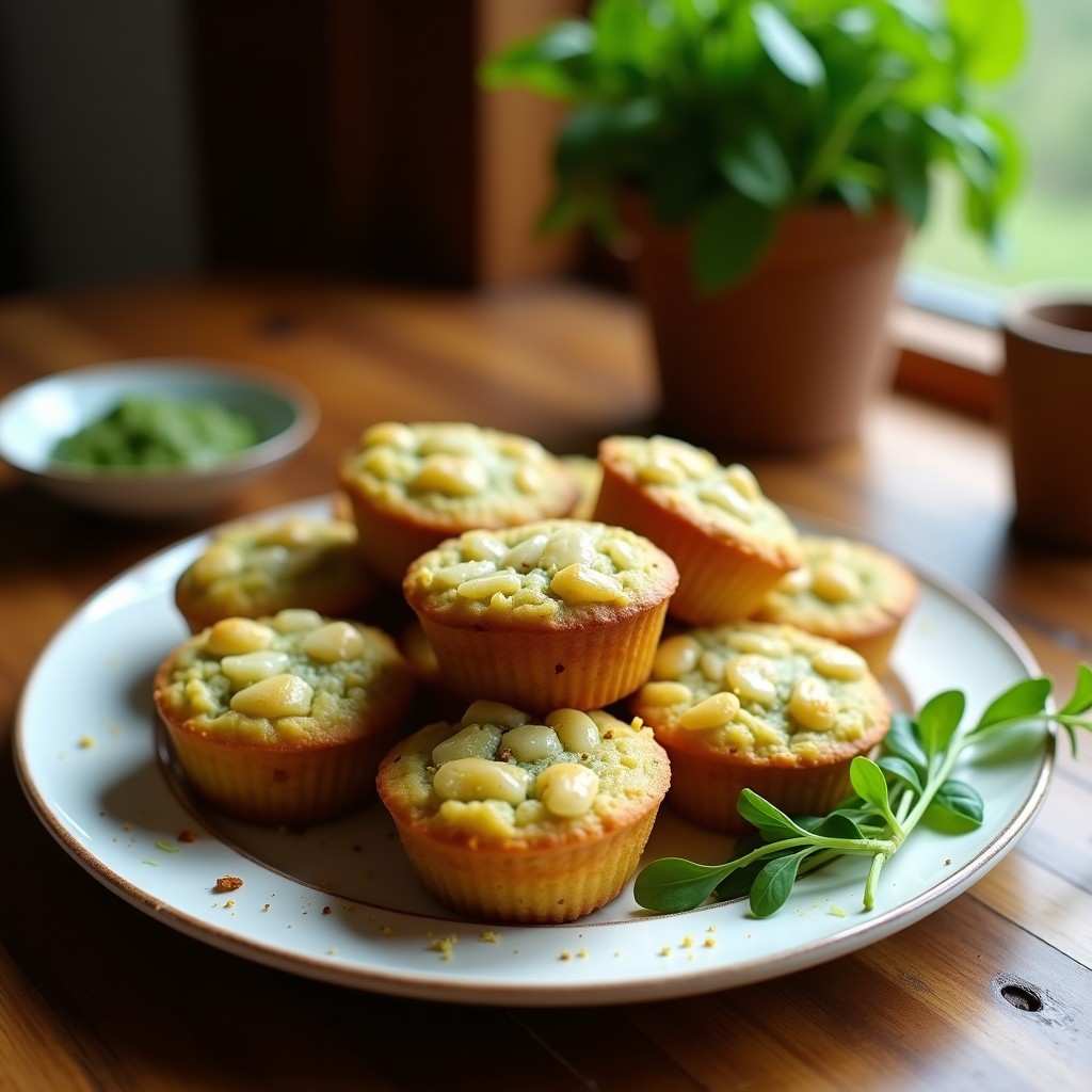 Muffins salados keto de harina de almendra y pesto de rúcula, dorados y esponjosos, con toques de queso parmesano y piñones tostados por encima, servidos en un plato de cerámica blanca sobre un fondo rústico de madera.