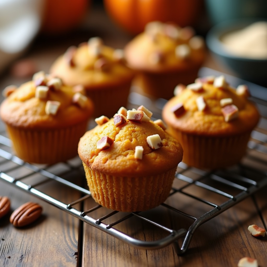 Muffins dorados y esponjosos de harina de almendra y puré de calabaza, decorados con nueces pecanas picadas, sobre una rejilla de enfriado de metal. Receta keto sin harina refinada, ideal para desayuno saludable.