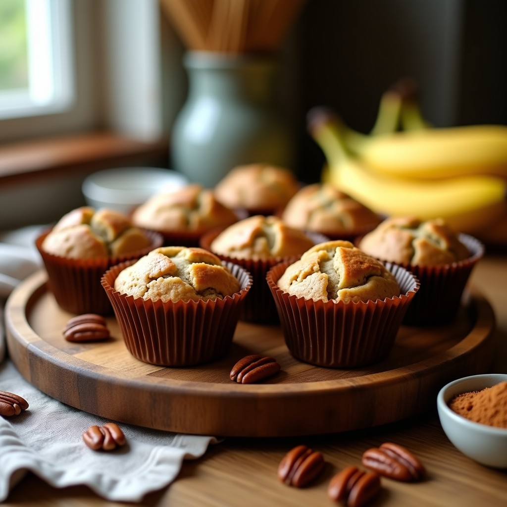 Muffins dorados de harina de banano y canela en capsulas de papel marrón, con textura esponjosa y trozos de nuez pecana visibles. Servidos en una bandeja de madera rústica con un fondo de canela espolvoreada y rodajas de plátano macho fresco.