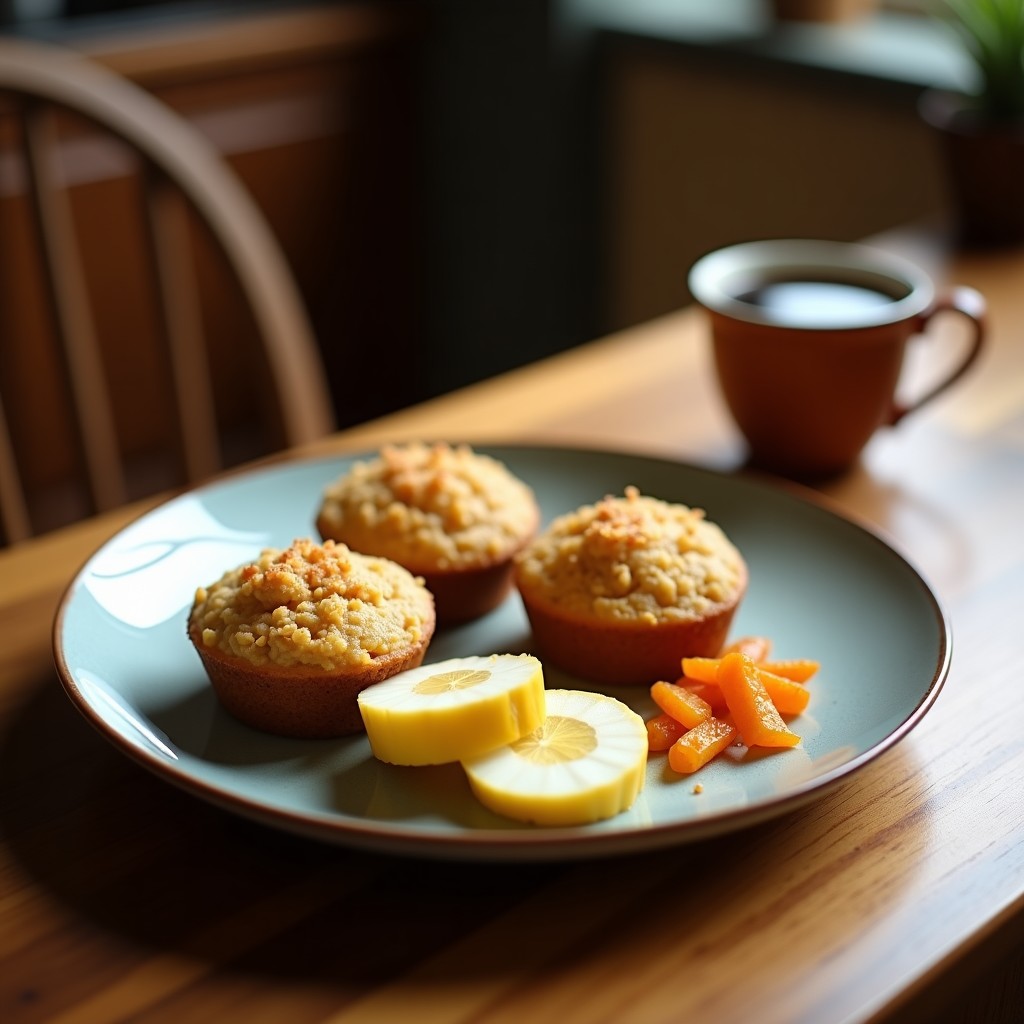 Muffins dorados de harina de coco y pulpa de baobab servidos en moldes de silicona, decorados con almendras tostadas y un fondo rústico con ingredientes como coco rallado y semillas de chía, receta africana sin horno y sin azúcar.