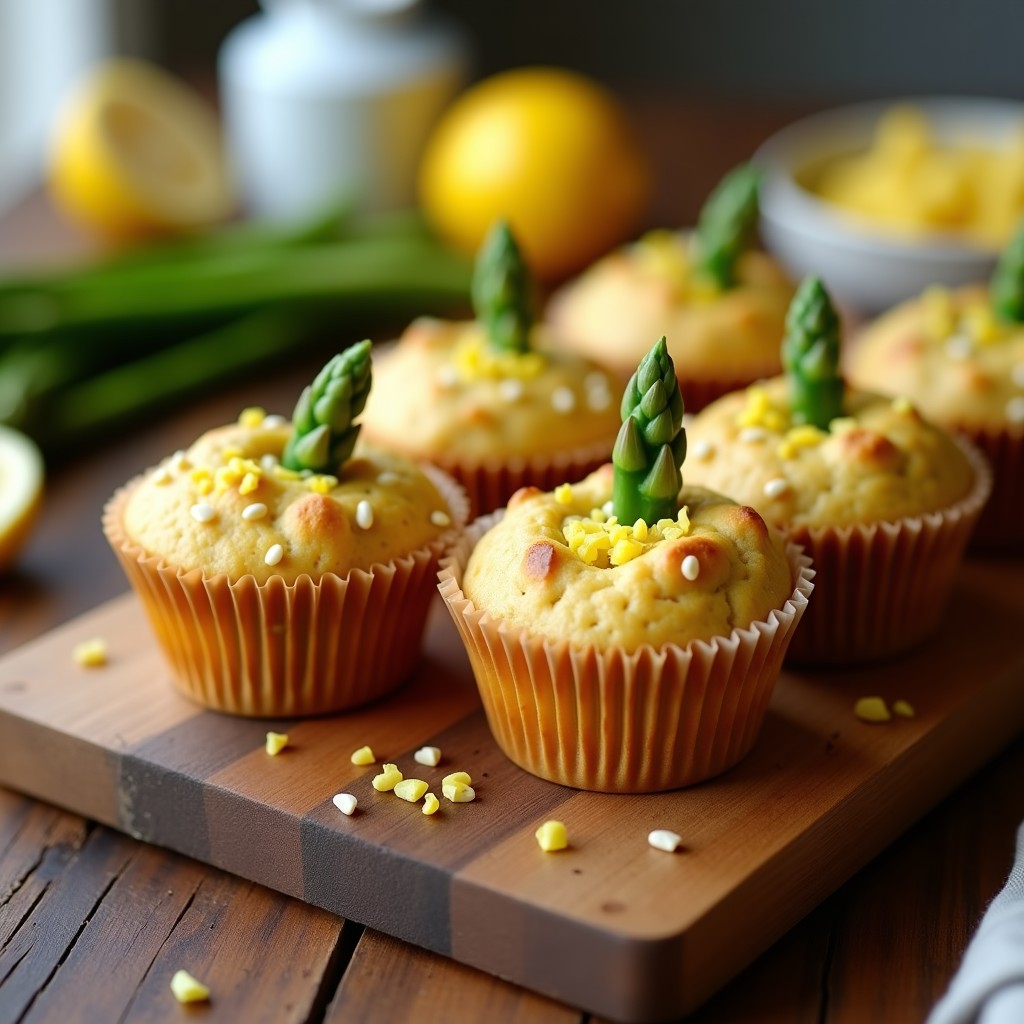 Muffins salados dorados de harina de garbanzo con trozos de espárragos verdes y ralladura de limón, servidos en una bandeja de madera con un paño de lino. Receta vegana para tupper.