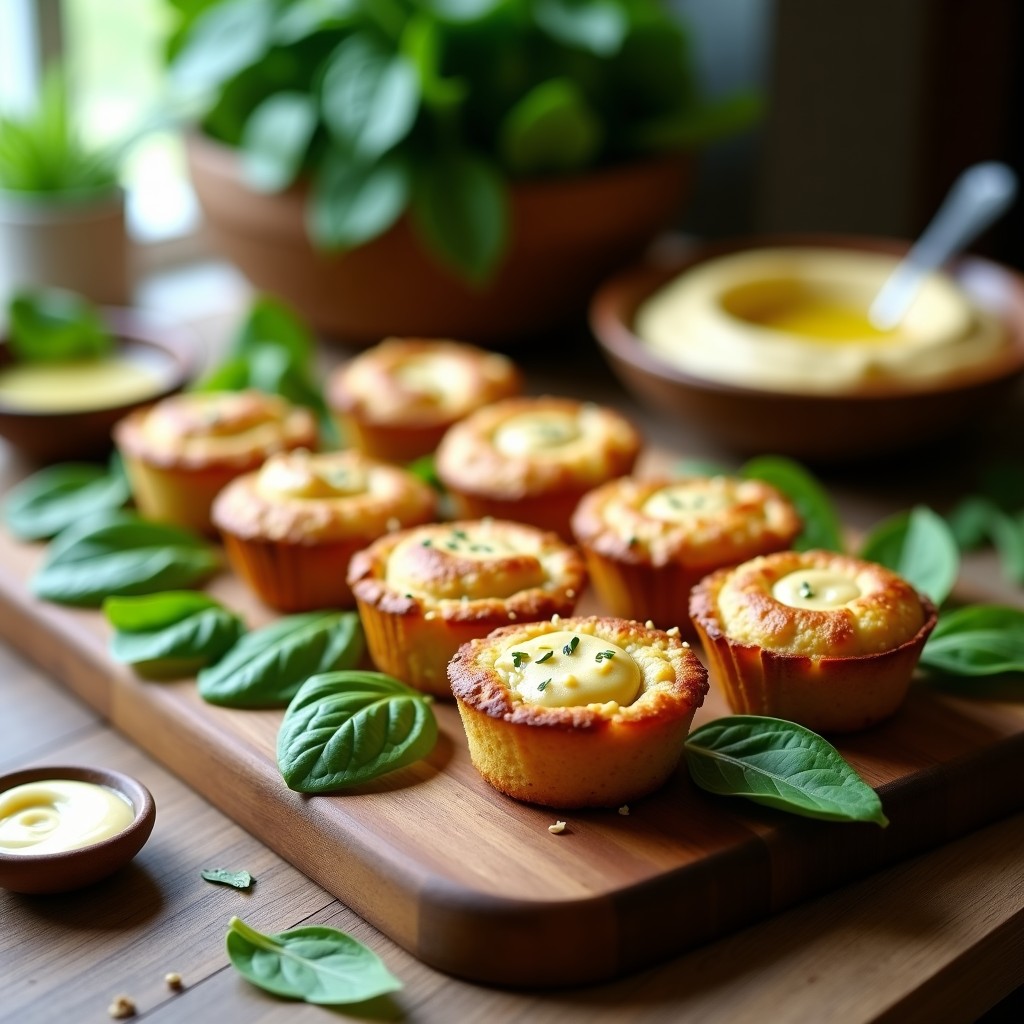 Muffins salados dorados de harina de garbanzo y espinacas con corazón cremoso de hummus, espolvoreados con semillas de sésamo, sobre tabla de madera rústica con hierbas frescas.