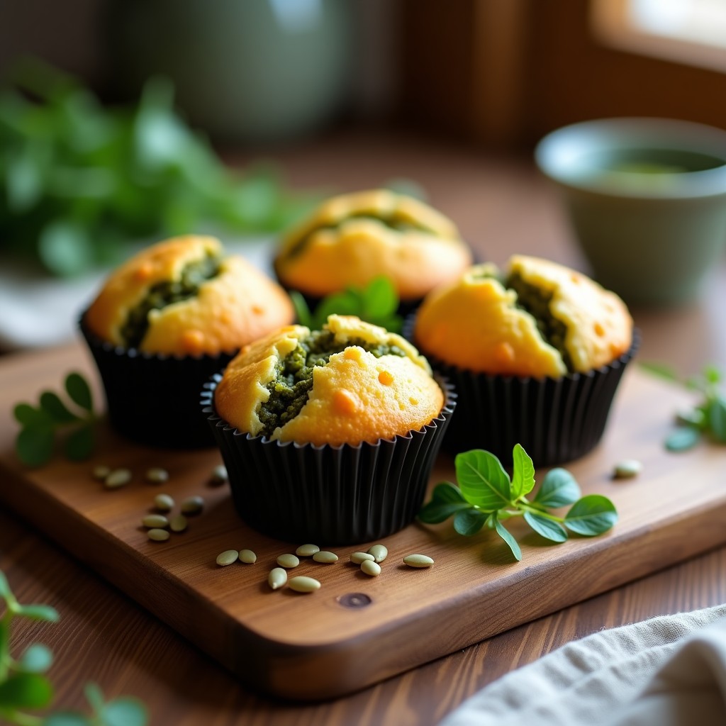Muffins salados dorados de harina de garbanzo con pesto de rúcula verde intenso, servidos en molde de papel sobre tabla de madera rústica, acompañados de hojas frescas de rúcula y semillas de girasol.