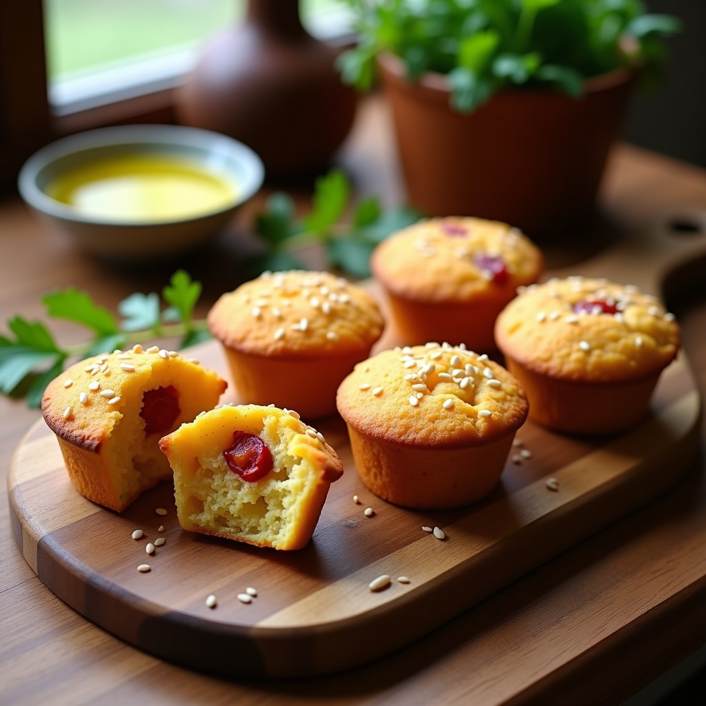 Muffins salados dorados de harina de garbanzo y pimiento asado con semillas de sésamo, servidos en una bandeja de madera rústica sobre un mantel de lino. Receta sin gluten en airfryer.