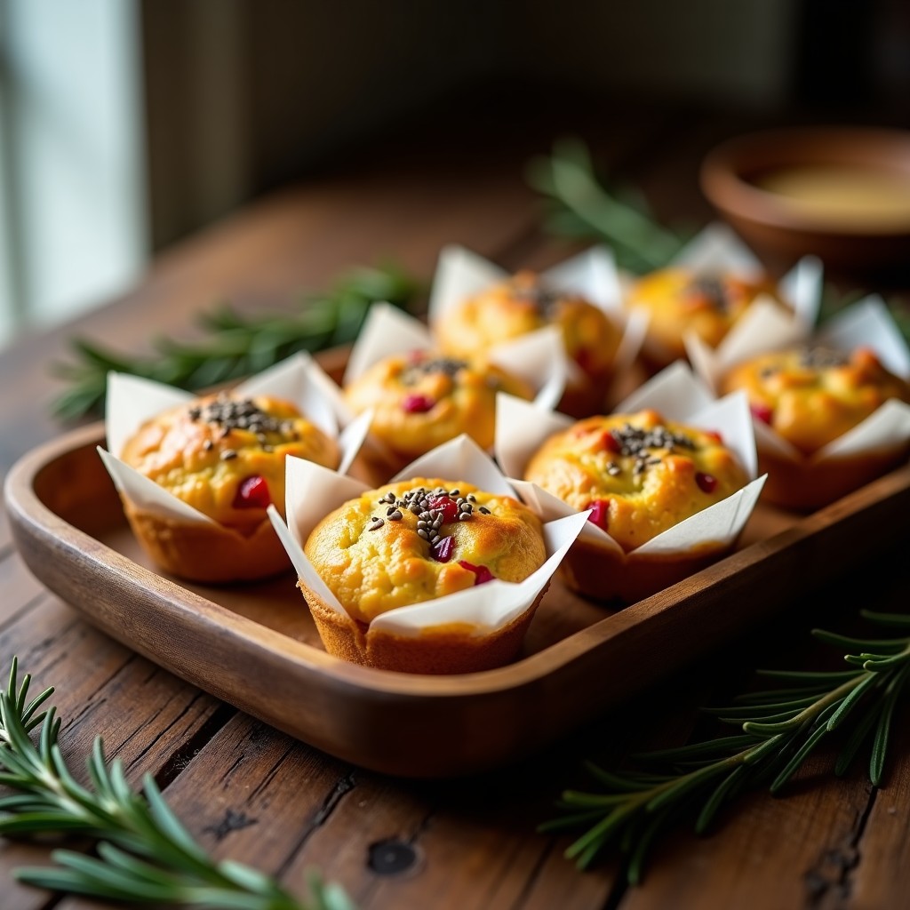 Muffins salados dorados de harina de grillo y queso manchego en cápsula de papel, con semillas de chía en la superficie, servidos en bandeja de madera rústica con romero fresco.