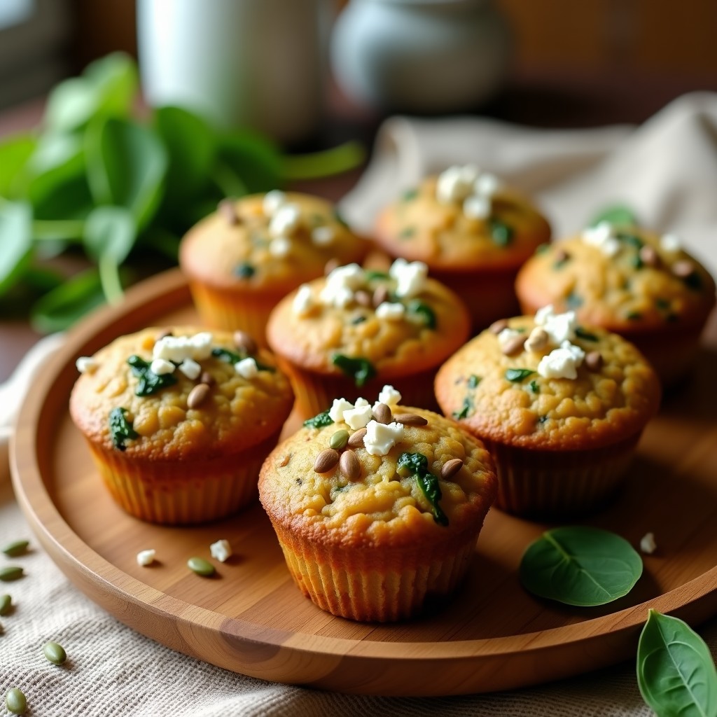 Muffins salados dorados de harina de lentejas y espinacas, con semillas de girasol y queso feta desmenuzado, servidos en una bandeja de madera sobre un mantel rústico. Receta de desayuno sin gluten y rápido en 15 minutos.